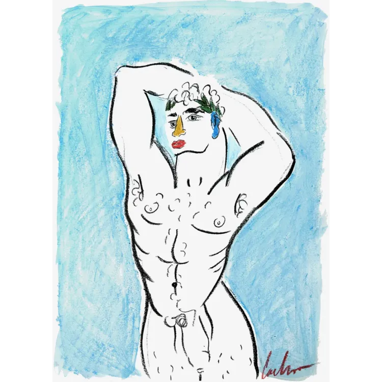 Obra original titulada "Olímpico con fondo azul", firmada y única. Ceras sobre papel.