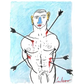 Obra original titulada "San Sebastián con fondo azul", firmada y única. Ceras sobre papel.