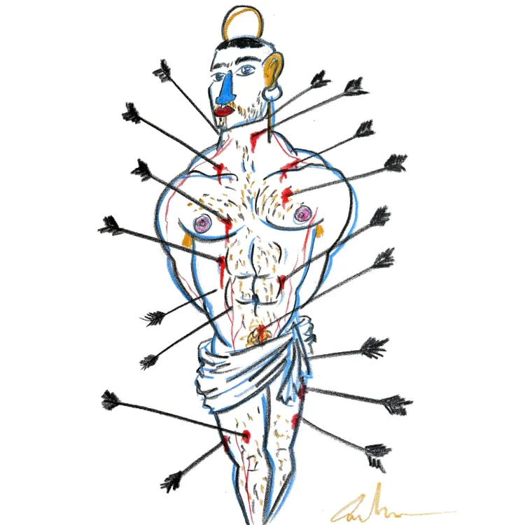 Obra original titulada "San Sebastián 77", firmada y única. Ceras sobre papel.