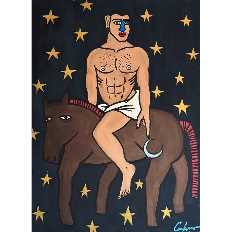 Obra original titulada "SAN SEBASTIÁN ENTRE ESTRELLAS SEÑALA LA LUNA ", firmada y única. Ceras sobre papel.