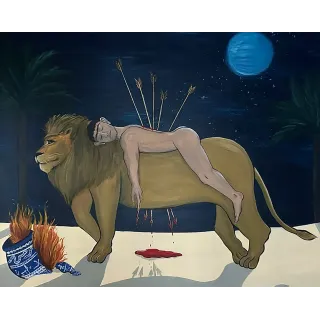 Obra original titulada "SAN SEBASTIÁN SOSTENIDO POR UN LEÓN", firmada y única. Acrílico y óleo sobre lienzo.