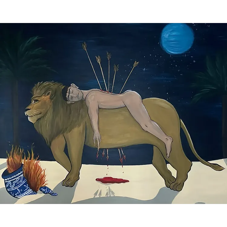 Obra original titulada "SAN SEBASTIÁN SOSTENIDO POR UN LEÓN", firmada y única. Acrílico y óleo sobre lienzo.