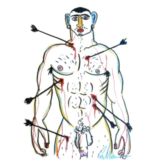 "Saint Sebastian de frente" – a unique, signed original created with wax crayons on paper.