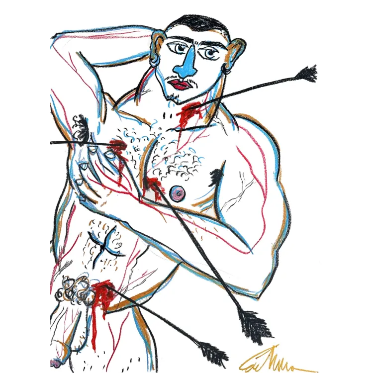 "Saint Sebastian tumbado" – a unique, signed original created with wax crayons on paper.