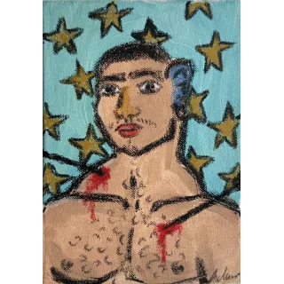 Obra original titulada "San Sebastián sobre fondo de estrellas", firmada y única. Ceras y acrílico sobre lienzo.