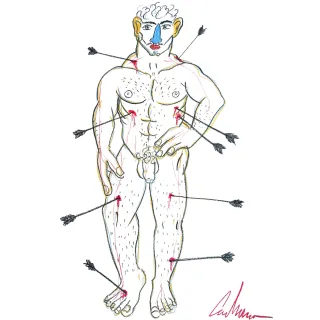 "Saint Sebastian posing" – a unique, signed original created with wax crayons on paper.