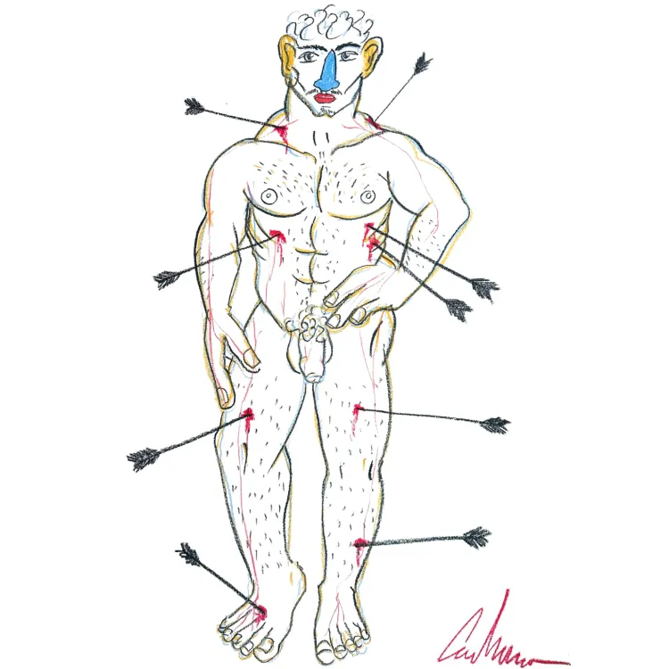 "Saint Sebastian posing" – a unique, signed original created with wax crayons on paper.