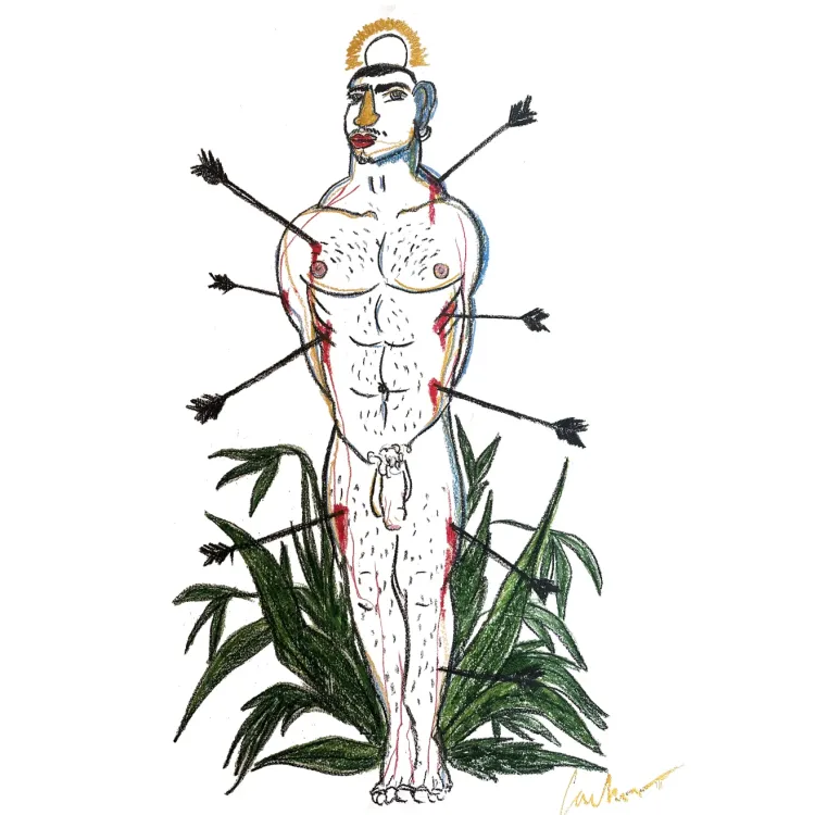 "Saint Sebastian among plants" – a unique, signed original created with wax crayons on paper.