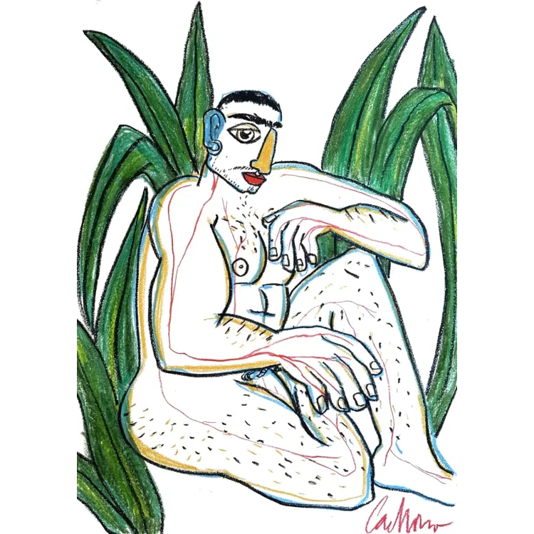 Obra original titulada "Hombre entre plantas", firmada y única. Ceras sobre papel.