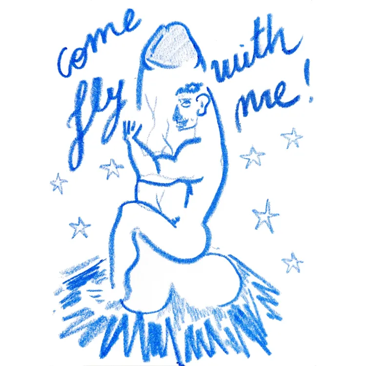 "COME FLY WITH ME " – a unique, signed original created with wax crayons on paper.