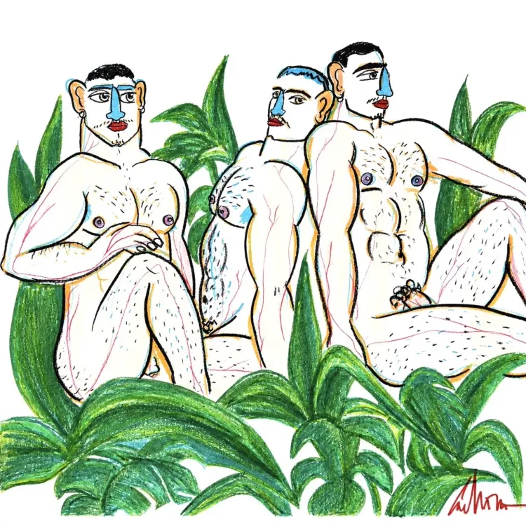 "Three men in the wild" – a unique, signed original created with wax crayons on paper.